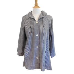 Jones & Co Linen Cotton Black White Striped Hooded Jacket, Button Front, L